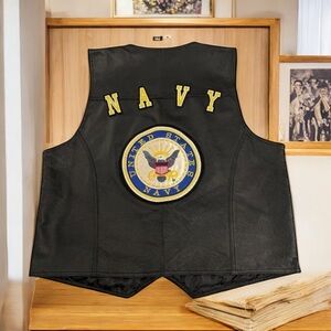 USA‎ Leather Navy Vest XXL Black Biker Military Veteran Patch Mens